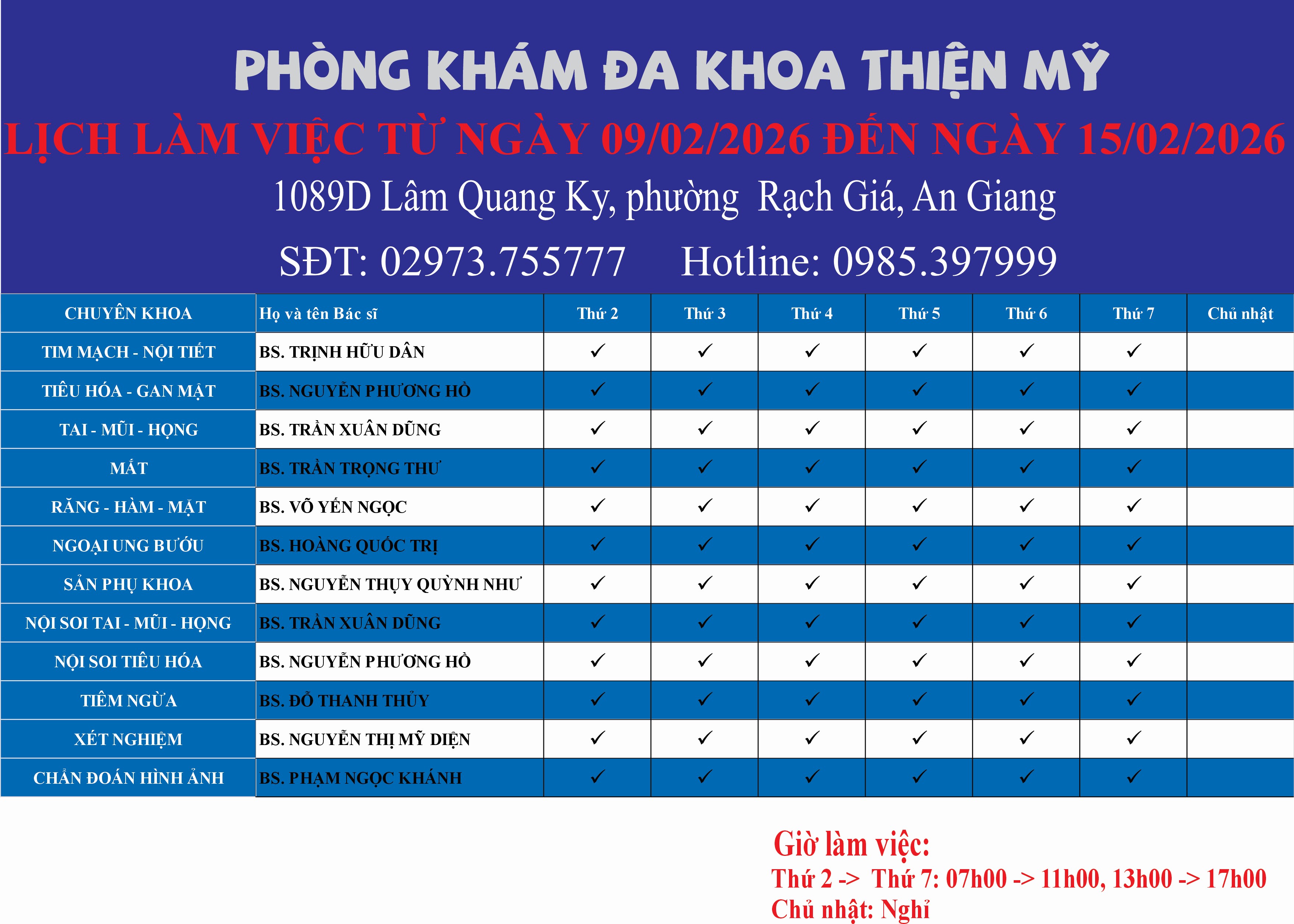 LỊCH LÀM VIỆC TỪ NGÀY 09/02/2026 ĐẾN NGÀY 15/02/2026